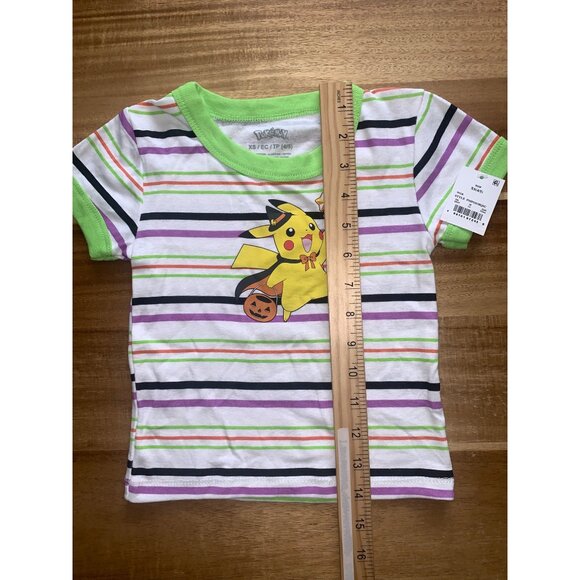Pokemon Kids Halloween Pikachu T-Shirt Striped Short Sleeve Green Collar & Cuffs - Picture 10 of 10